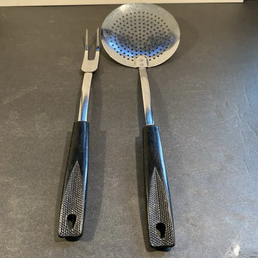 Vintage EKCO Kitchen Utensils Meat Fork~Strainer Serving Spoon, Chromium Plated